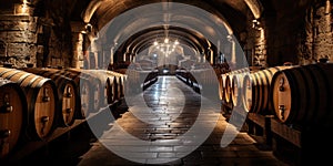 Old wooden barrels with wine in a wine cellar, barrels on a stone floor. Generative AI