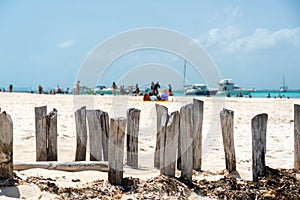Old wooden beams from former pier on a beautiful caribbean beach on Isla Muheres, Mexico