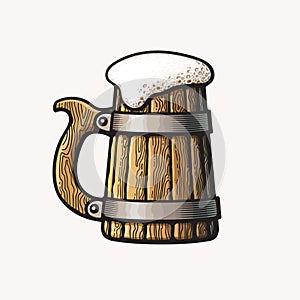 Old wooden beer mug with foam. Vector illustration isolated on white background