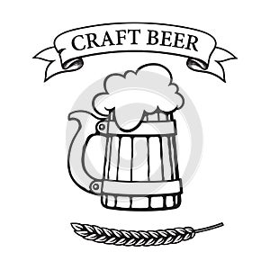 Old wooden beer mug with foam. Vintage ribbon banner with text Craft Beer and ear of barley. Hand drawn vector