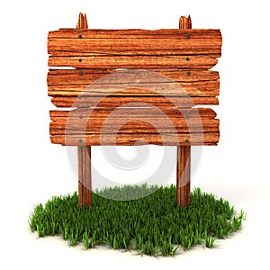 Old wooden billboard on the grass isolated on white background