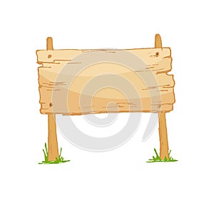 Old wooden blank cartoon sign board with grass isolated on white. Board arrow object and wooden plank billboard