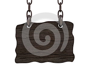 Old wooden board hanging on chains