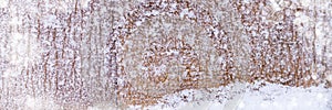 Old wooden board with snow flakes. Background of wooden boards in the snow