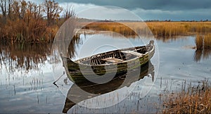 An old wooden boat abandoned in the swamp.