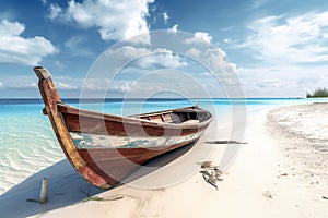 Old wooden boat and blue sea under cloudy sky on white beach in sunny day