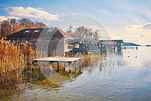 Old wooden boat houses at Lake Starnberg