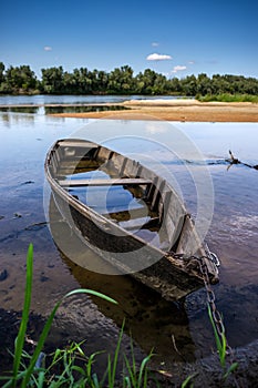 Old wooden boat near the Ukrainian Desna river