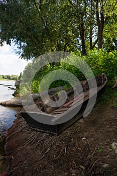 Old wooden boat near the Ukrainian Desna river