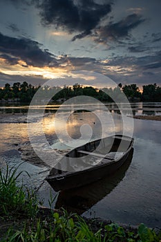 Old wooden boat near the Ukrainian Desna river