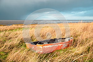 Old wooden boat in the reed next to the north sea on the Island Romo in Denmark, stormy weather in winter