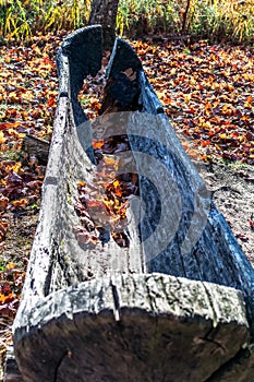 Old wooden boat sprinkled with orange autumn leaves