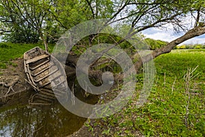 An old boat on the swampy bank of the former river photo