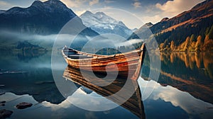 Old wooden boat on water at mountains, reflection on calm lake water