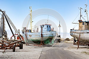 Old wooden boats in wharf, Greenland