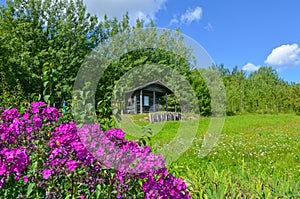 old wooden booth in green field and blue sky photo