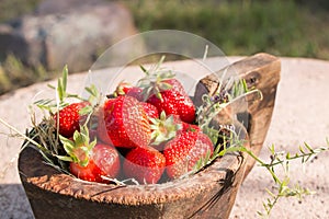 Old Wooden Bowl Filled Juicy Fresh Ripe Red Strawberries On An Old old stone