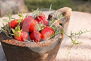 Old Wooden Bowl Filled Juicy Fresh Ripe Red Strawberries On An Old old stone