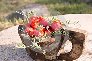 Old Wooden Bowl Filled Juicy Fresh Ripe Red Strawberries On An Old old stone