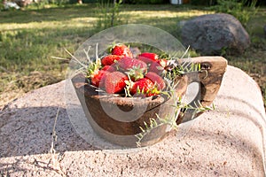 Old Wooden Bowl Filled Juicy Fresh Ripe Red Strawberries On An Old old stone