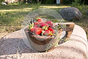 Old Wooden Bowl Filled Juicy Fresh Ripe Red Strawberries On An Old old stone