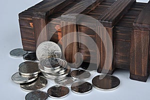 Old wooden box and coins