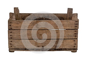 Old wooden box, crate, isolated on white. Front view, empty.