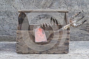 Old wooden box with old gardening equipments