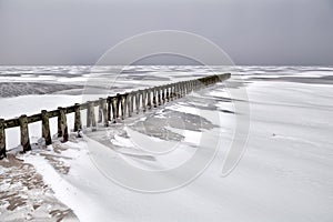 Old wooden breakwater on frozen Ijsselmeer