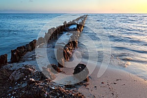 Old wooden breakwater in North sea at sunset