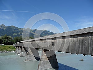 The old wooden bridge border Switzerland and Liechtenstein