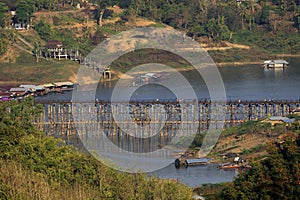 The old wooden bridge Bridge collapse Bridge across the river.