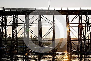 The old wooden bridge Bridge collapse Bridge across the river and Wood bridge Mon bridge at sangklaburi, kanchanaburi, Province