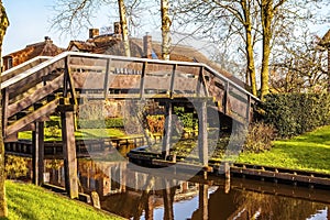 Old wooden bridge in Giethoorn, Netherlands.