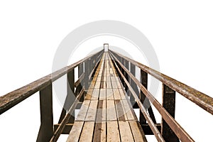 Old wooden bridge isolated on a white background. A pathway pedestrian bridge extending into the horizon
