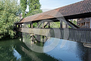 An old wooden bridge in the old town of Nuremberg, Germany