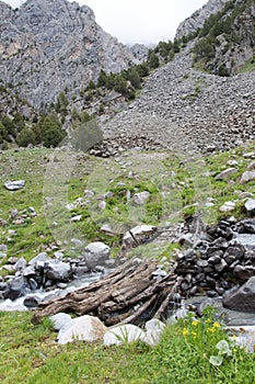 Old wooden bridge over the mountain river