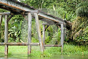 Old wooden bridge over a river in Tortuguero, Costa Rica.