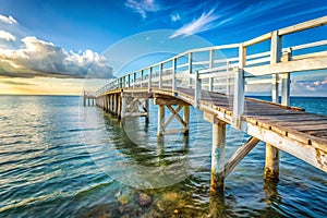 Old Wooden Bridge Over the Sea Timeless Seaside View photo