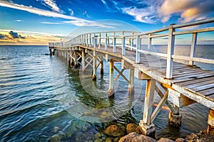 Old Wooden Bridge Over the Sea Timeless Seaside View photo