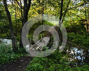 An old wooden bridge over a small river in the summer forest. The trail that goes into the distance