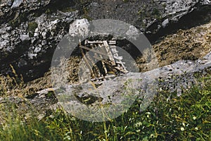 Old Wooden Bridge Over Mountain River In Summer, Top View