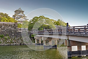 Old wooden bridge to Osaka Castle, Japan most famous historic landmark in Osaka City, Japan