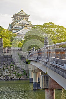 Old wooden bridge to Osaka Castle, Japan most famous historic landmark in Osaka City, Japan