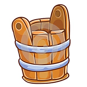 Old wooden bucket, tub of brown color, cartoon illustration, isolated object on white background, vector, eps