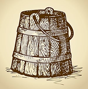 Old wooden bucket. Vector sketch