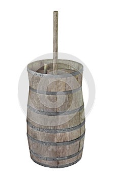 Old wooden butter churn isolated.