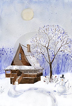 Old wooden cabin in the mountains under Northern Lights watercolor