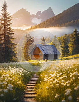 Old wooden cabin on a valley surrounded by coniferous forest and mounts under soft mist with a trail leading to the cottage across