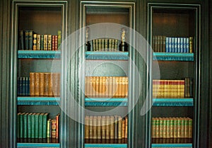 Old wooden cabinet library books shelf encyclopedias